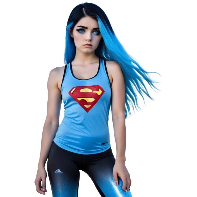 Shameful disappointed crying-very very very very big chest-texting on a samsung cell phone-very long straight flowing black to sky blue hair ombre-blue eyes-black eyeliner-long eyelashes-plastic sparkling sky blue very low cut tank top with sparkling superman logo-black leggings-nike sneakers emoji