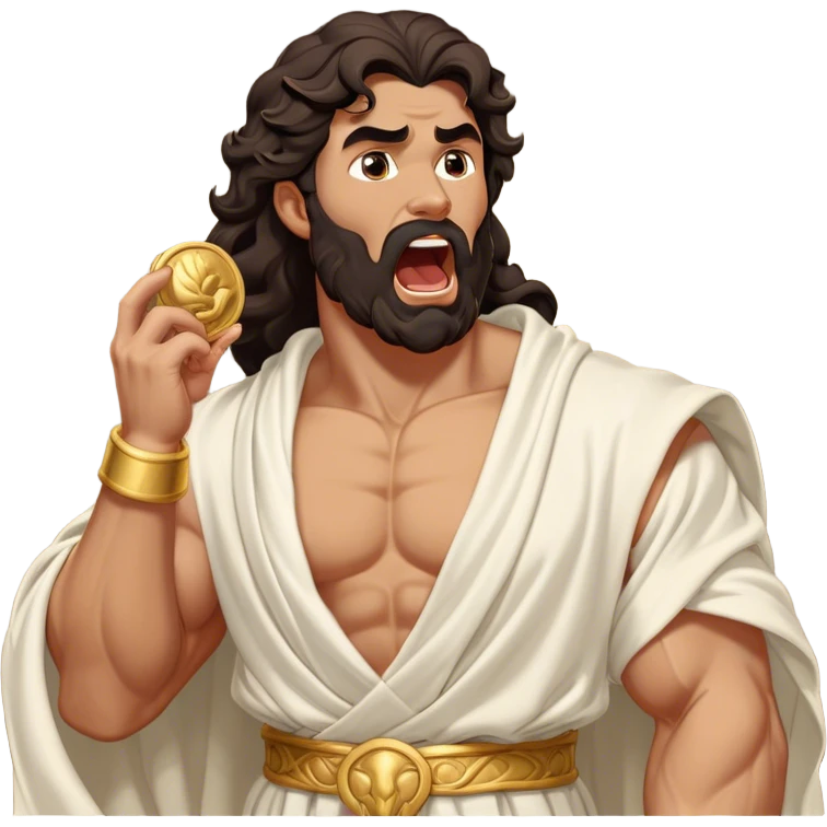 Cinematic Realistic Hercules Portrait, head tilted slightly with a dramatic, wide-open yawn, revealing a moment of relaxed, unguarded strength. His bronze, sculptural skin and thick, wavy dark hair retain their classical beauty even in repose. Draped in a gracefully flowing white robe with subtle golden details, the portrait is bathed in soft natural lighting, capturing a tender glimpse of vulnerability from a timeless Greek hero. emoji