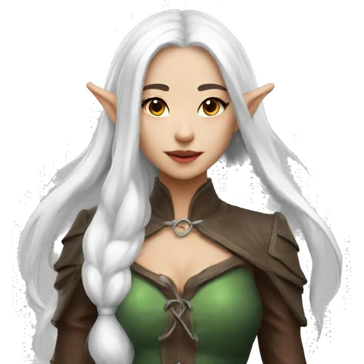 Asian feminine full body slim long white hair elf leather costume emoji