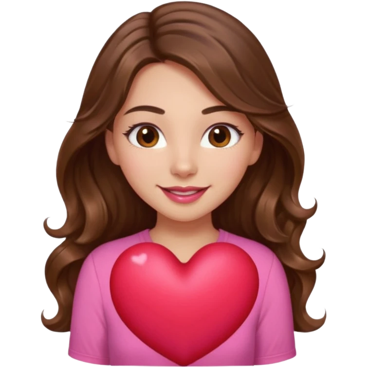 girl with long wavy brown hair, brown eyes, light to medium complexion, in a pink shirt, pink lips, long lashes, smiling, squeezing a big heart emoji