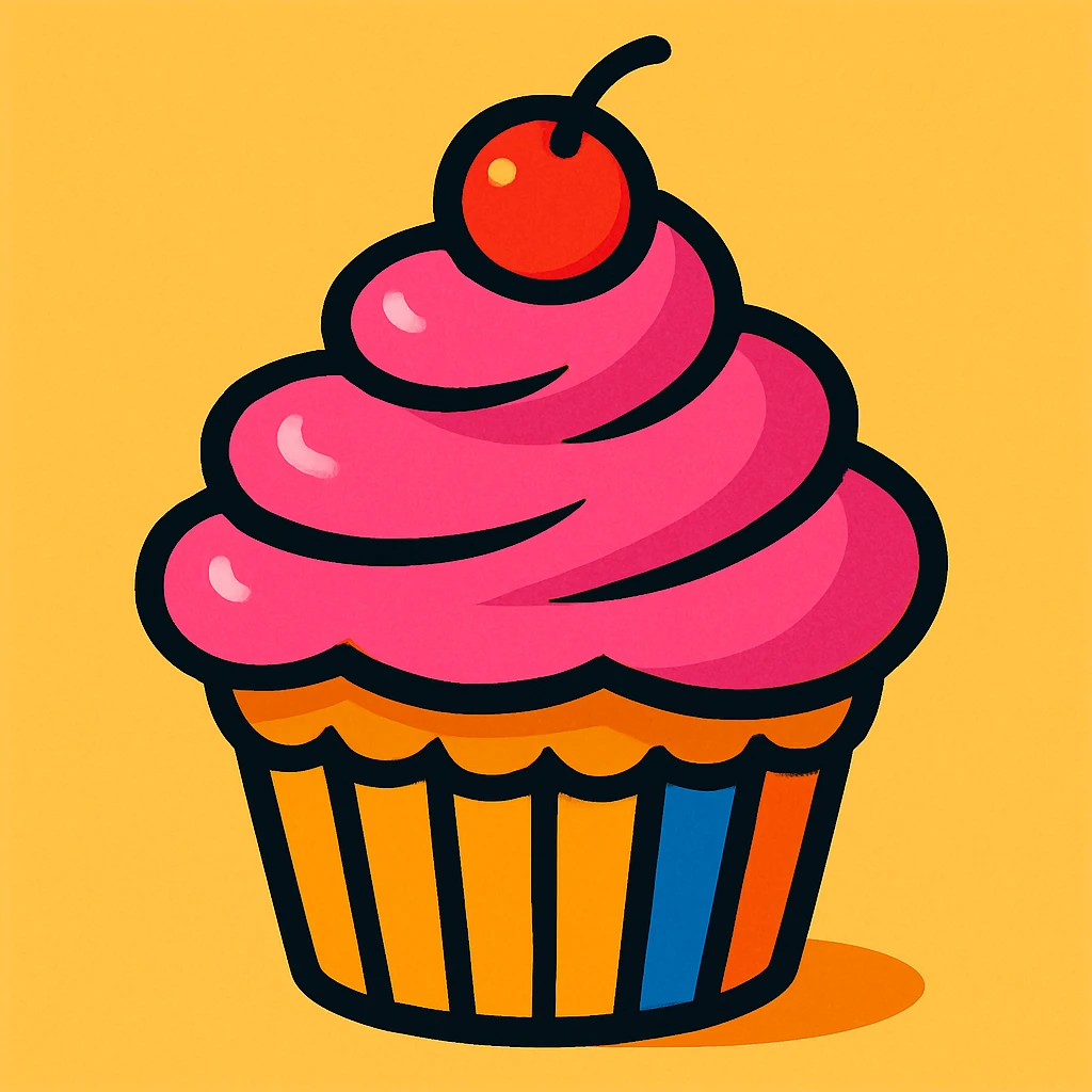 A vibrant toon illustration of a cupcake with pink icing emoji