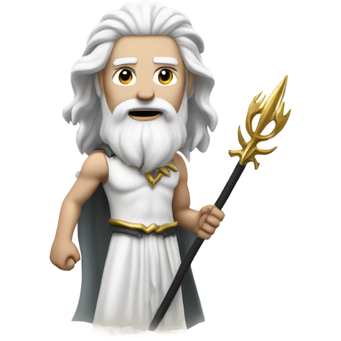 white man Poseidon with gold trident. long white hair white dress. black soot on face emoji
