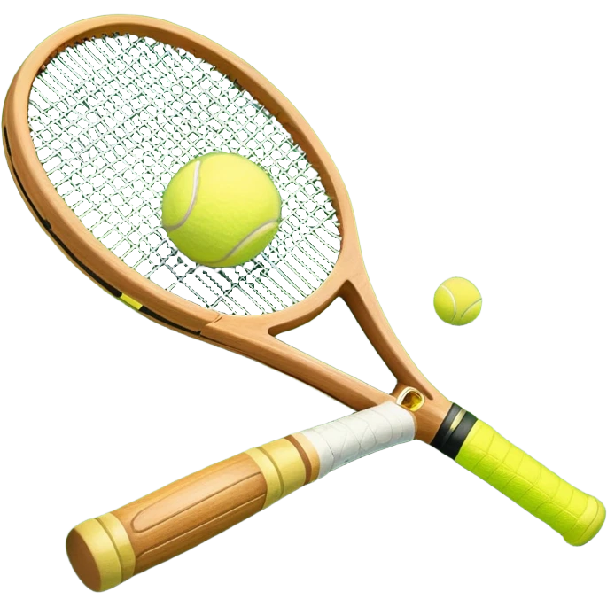 A detailed tennis racket resting on lush green grass beside a bright yellow tennis ball. The scene captures the essence of classic lawn tennis, with a crisp and clean background emphasizing the elegance and tradition of the sport emoji