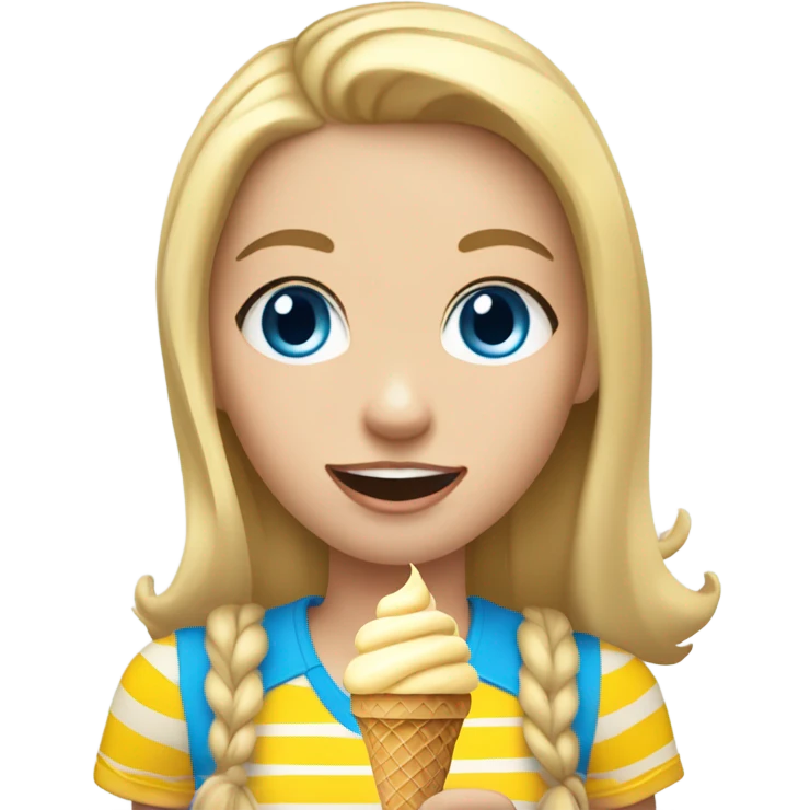 Girl with blonde hair, blue eyes, yellow striped shirt, holding vanilla ice cream cone emoji