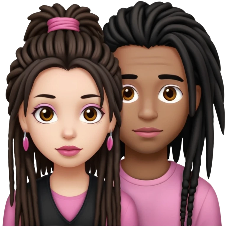a pretty girl with black straight hair and brown eyes and pink lips and a boy with dreads with brown eyes and pinkish lips  emoji
