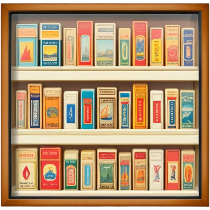 Icon for Matchbox Collecting: a collection of vintage and colorful matchboxes from different places, neatly displayed in a row or in a display case. The icon should reflect the uniqueness and diversity of matchbox collecting. Transparent background. emoji