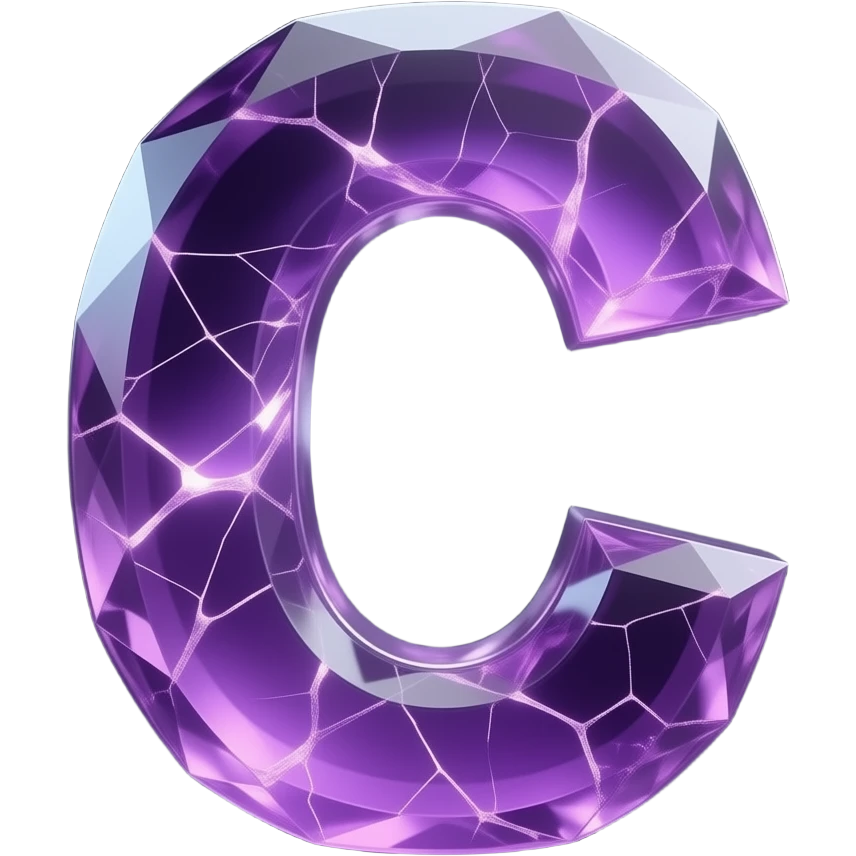 A hyper-realistic 3D letter 'C' carved from translucent purple amethyst, filled with glowing internal fractures. Volumetric lighting, cinematic glow, dark background, 8k resolution, emoji