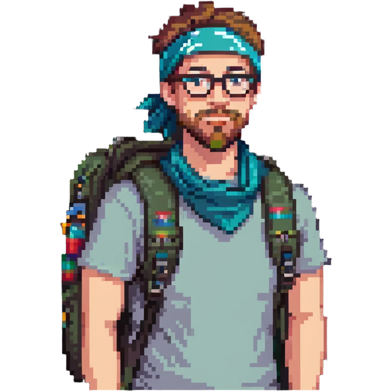 adventurer with goatee beard (no beard on cheeks), short hair, glasses, bandana on head and backpack emoji