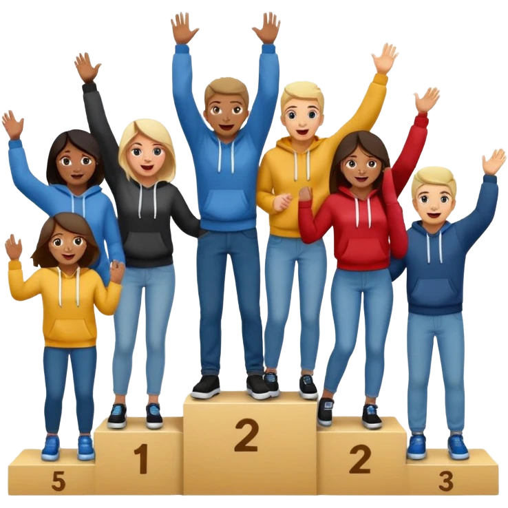 multi-racial group on a winners podium, center step higher, no numbers, all in jeans and hoodies, excited fun expressive emoji style emoji