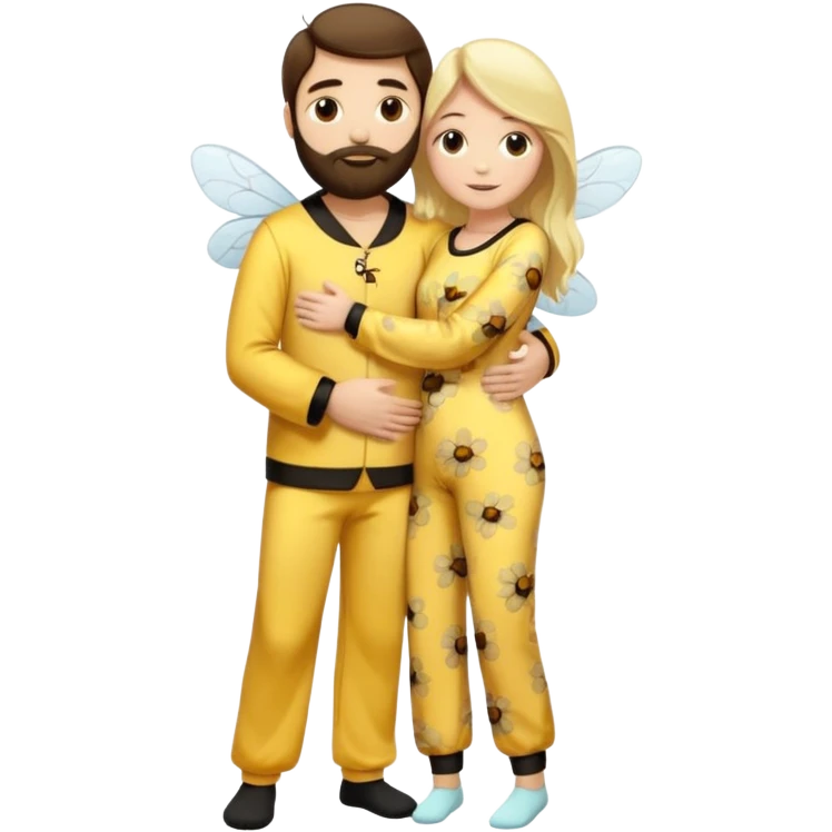  Man long dark brown hair, white skin, medium beard, full body in cute bee pijama hugging a woman with blonde hair in a flower suit  emoji