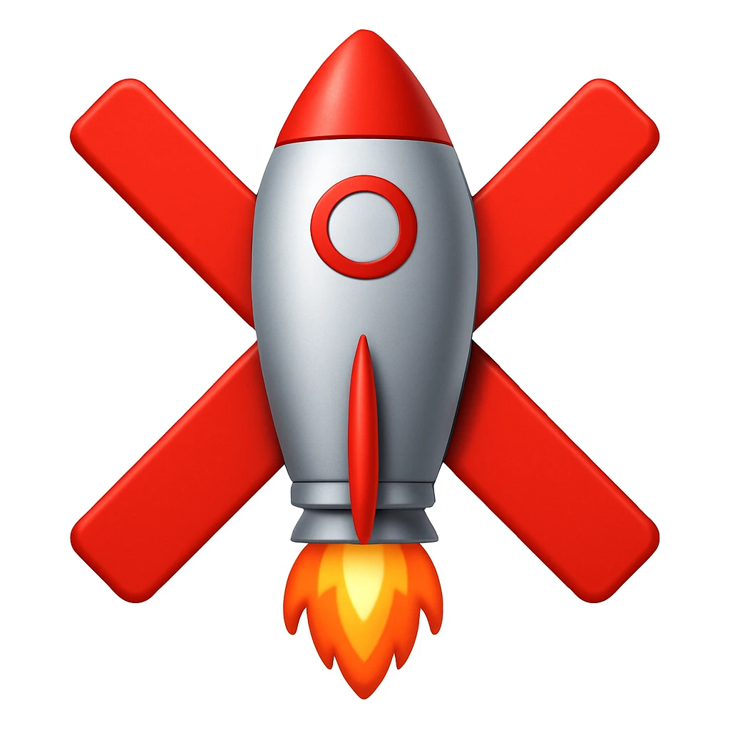 Make the X cross go from side to side, extending outside the rocket, in emoji style. The style should resemble apple style emojis with clear and concise design, focusing on the X cross extending beyond the rocket's sides. emoji