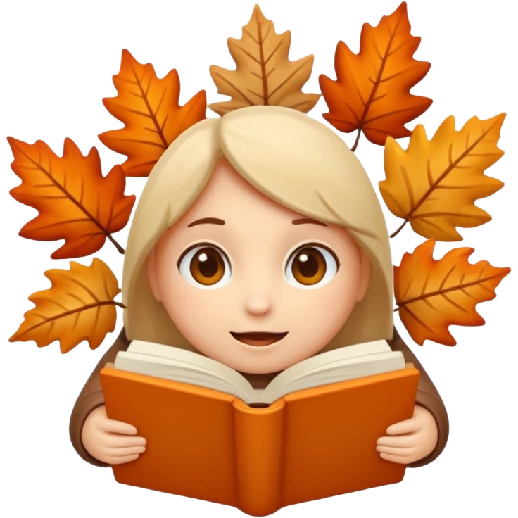 A cute 3D emoji autumn leaves around it, cozy fall colors (orange, brown, beige), playful and modern style, glossy finish, minimalistic but expressive, symbolizing a Fall Reading Challenge. emoji