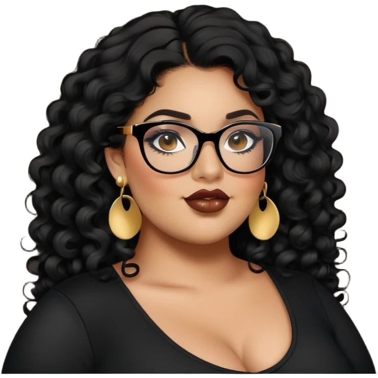 big plus size, latina, darker tan skin, long black curly hair, baddie,pretty, makeup, lipgloss, black eyeliner, long hair, SMALL gold earrings, black top, black glasses emoji