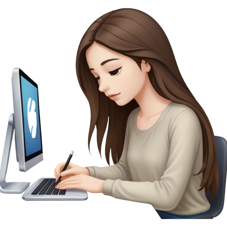 beautiful pale brunette girl with long hair editing photos on her computer looking down emoji