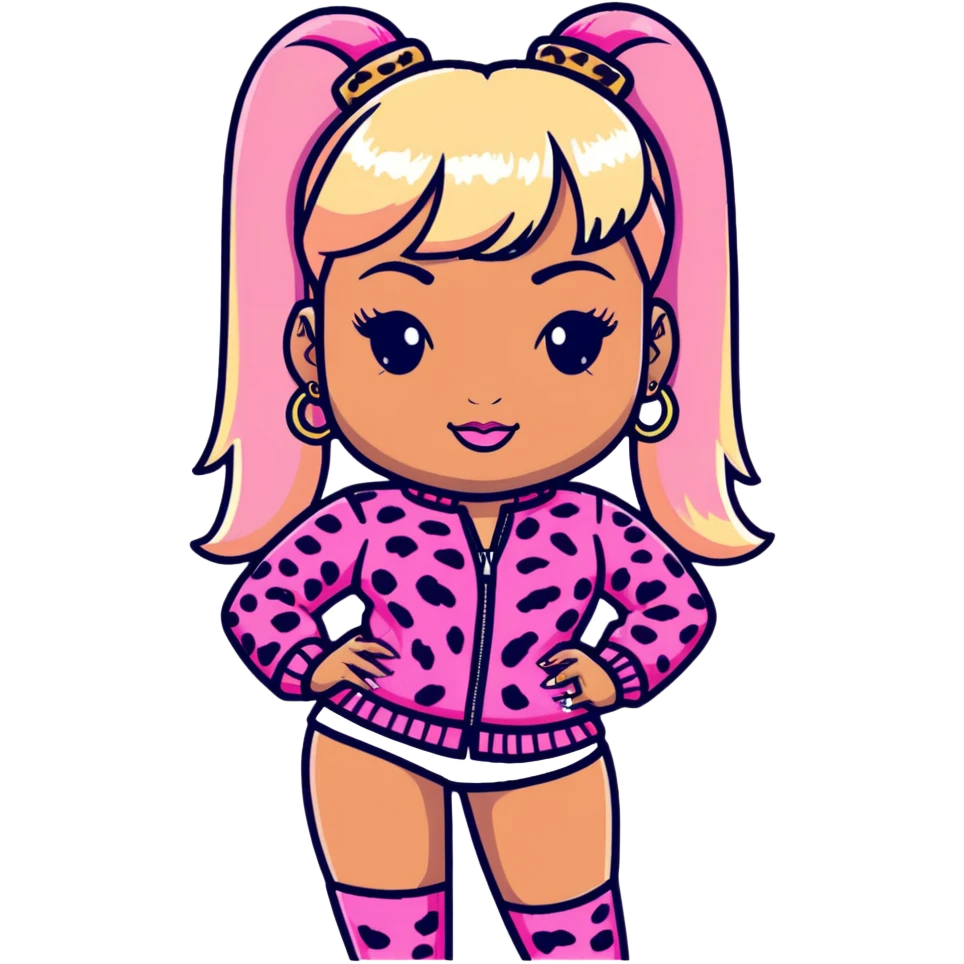 Nicki Minaj wearing pink and white leopard print outfit with half blonde half pink hairstyle with bangs emoji