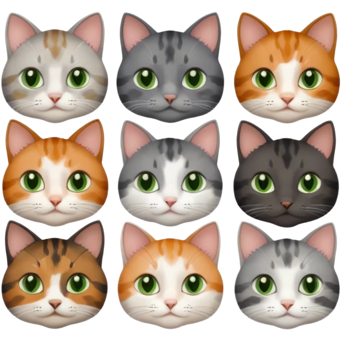 6 different coloured small cats including a dark grey and white, and a patchy calico, and a brown tabby and white,  and a completely solid dark grey with green eyes and only white paws emoji
