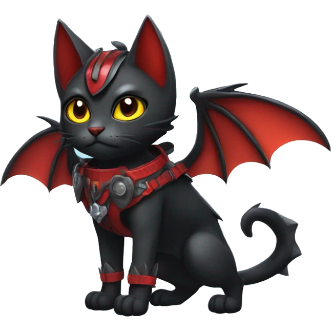 Cool Edgy Ethereal Fantasy Litten-Nargacuga-Cat with black bat-wing-ears with a red harness full body emoji