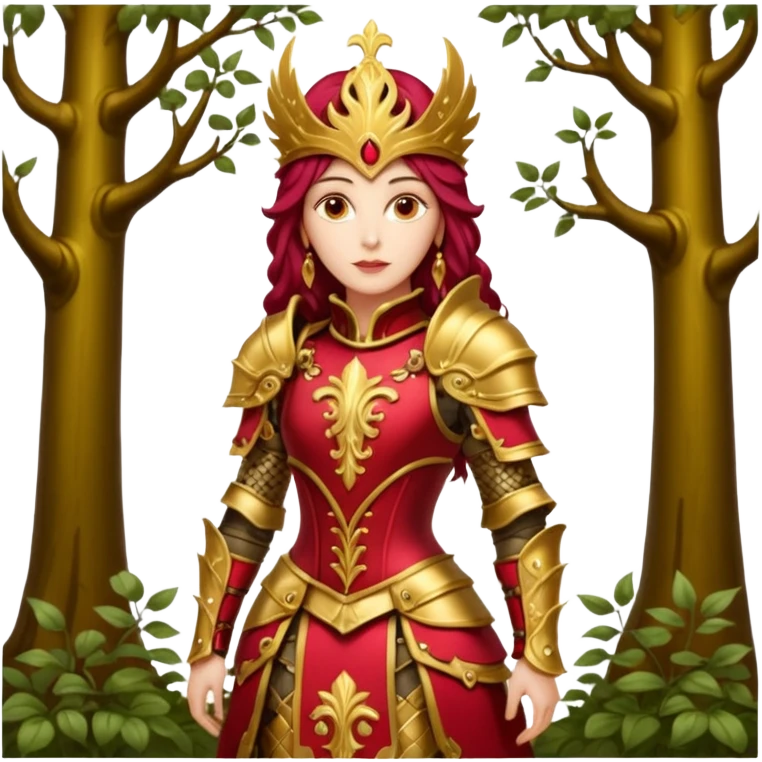 realistic cinematic actress Cher in baroque styling with crimson armor in a forest emoji