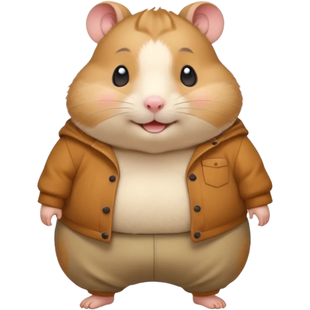 Cute chubby cartoon-style hamster wearing oversized pants that look too big, proud and smiling expression. Painterly shading, white background, sticker-style illustration emoji