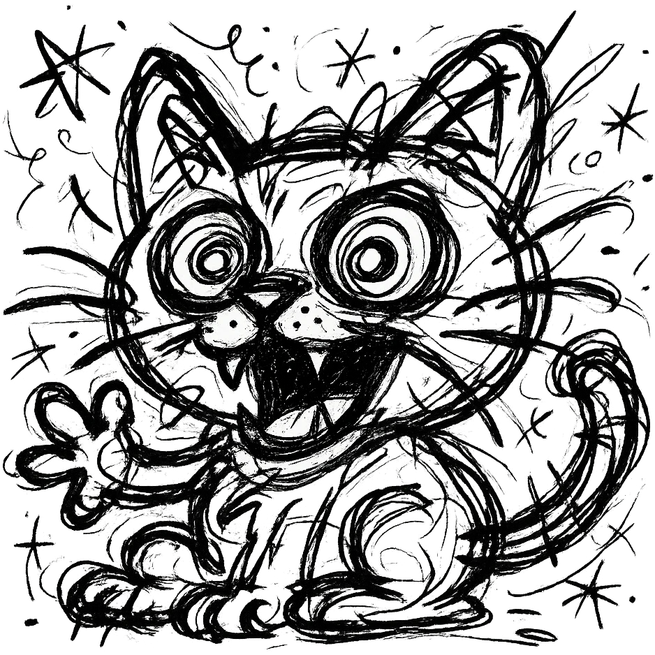chaotic outlined icon of a cat with exaggerated, wild features emoji