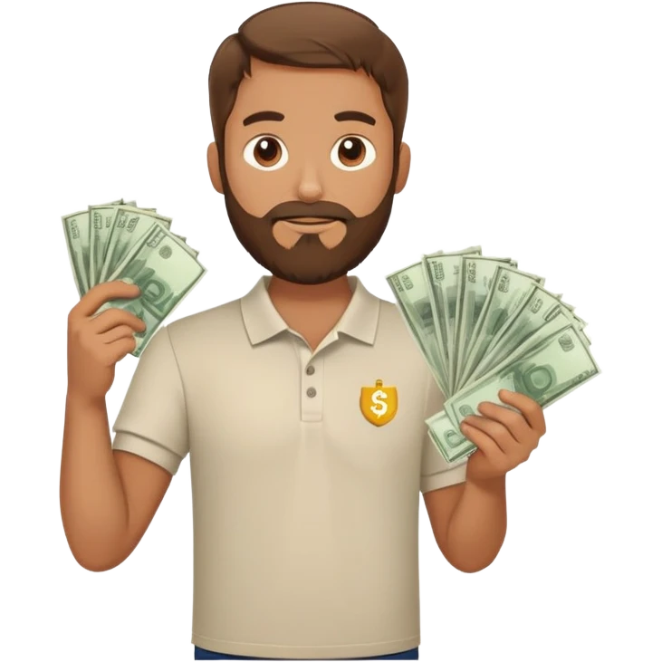 bearded brown-haired man in a polo shirt holding bundles of bills emoji