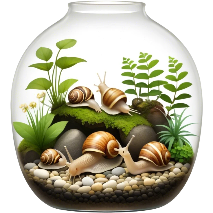 A collection of various snails and mollusks inside a small, lush terrarium with plants and moss. Some snails are crawling along the glass while others rest on pebbles. The scene is serene with soft lighting, showcasing the natural beauty of the mollusks. Transparent background. emoji