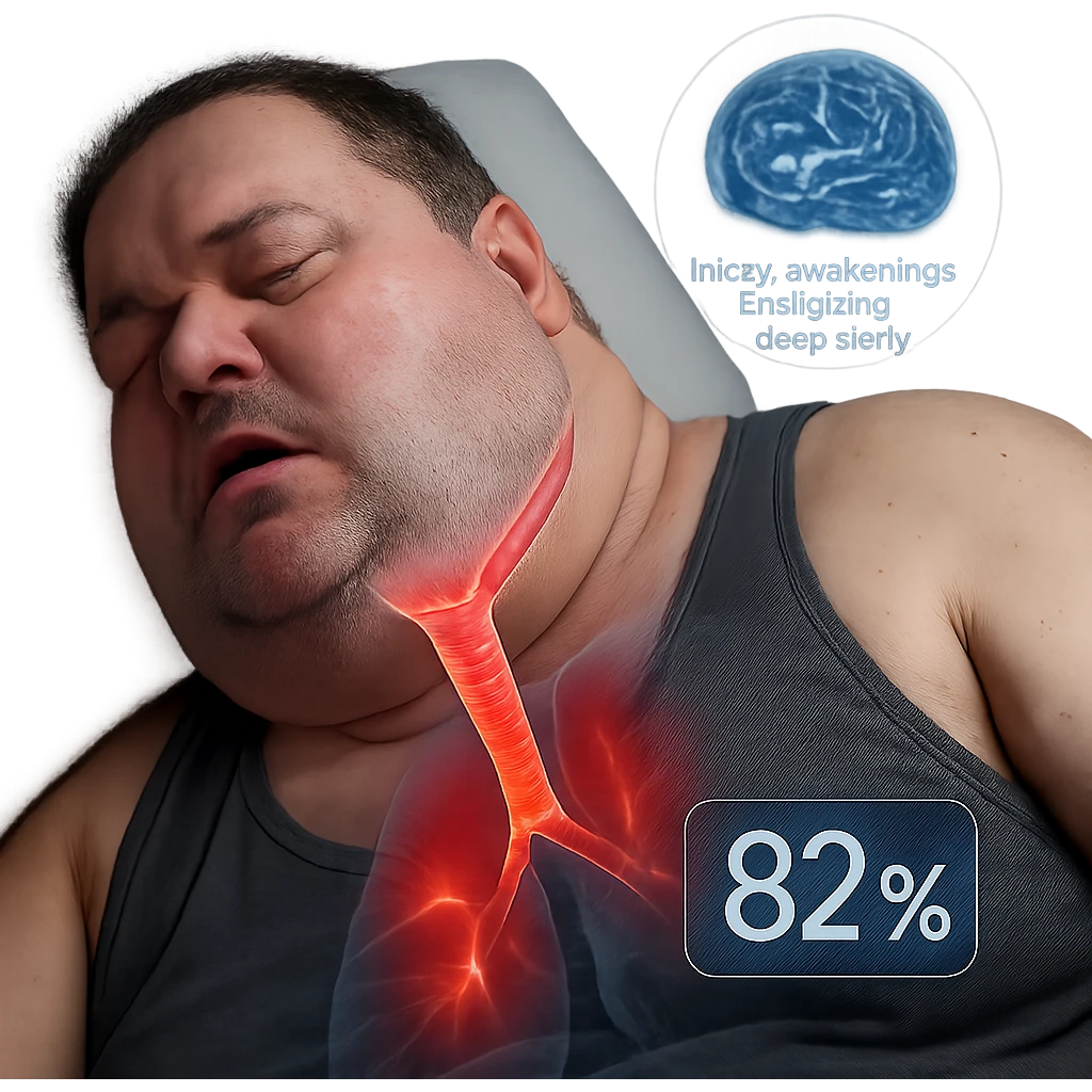 hyper-realistic medical CGI of overweight man sleeping, neck fat compressing airway like a thin straw, trachea walls with red heat map, oxygen at 82%, brain scan overlay with micro-awakenings disrupting deep sleep, 4K, clinical emoji