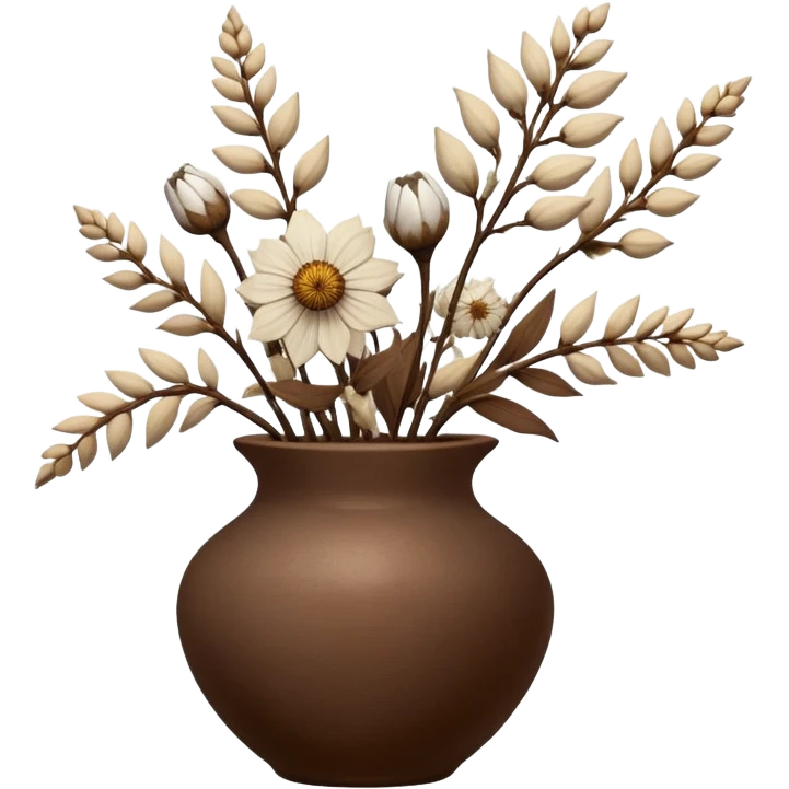 White Dried flowers and pods in a brown vase emoji