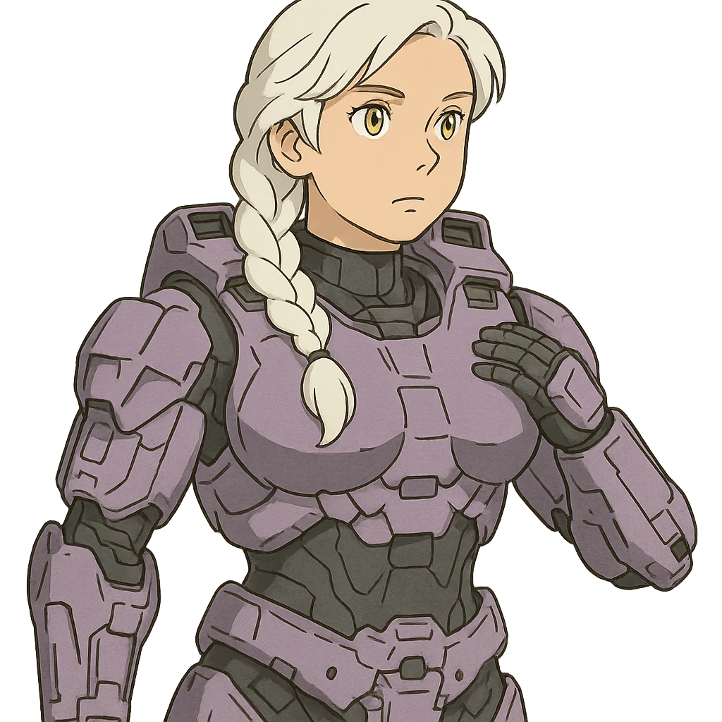 female, wearing reach spartan armor default, long white braid hair, gold yellow eyes, attention pose, halo series, no helmet, the armor is lavender color scheme and has no shoulder pad attachments. DDD bust size fitting emoji