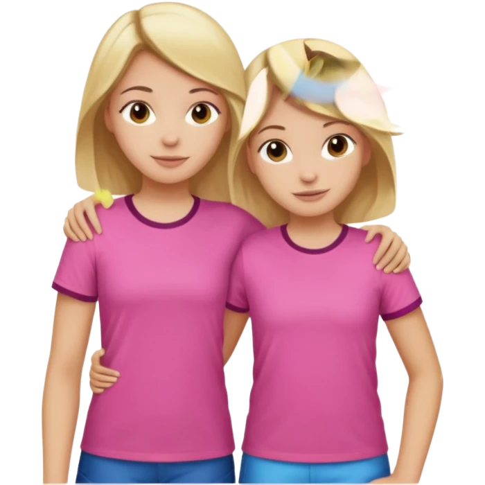 Two Girls with their arms around each other at summer camp one blonde one brown hair wearing pink shirt emoji