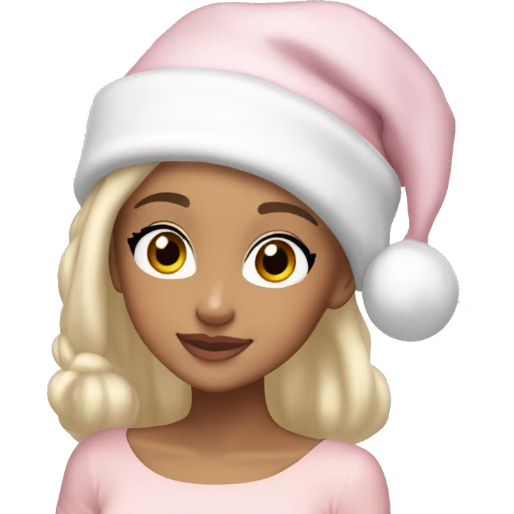 Ariana grande in a light pink christmas outfit wearing a light pink and white christmas hat with short light cold blonde hair emoji