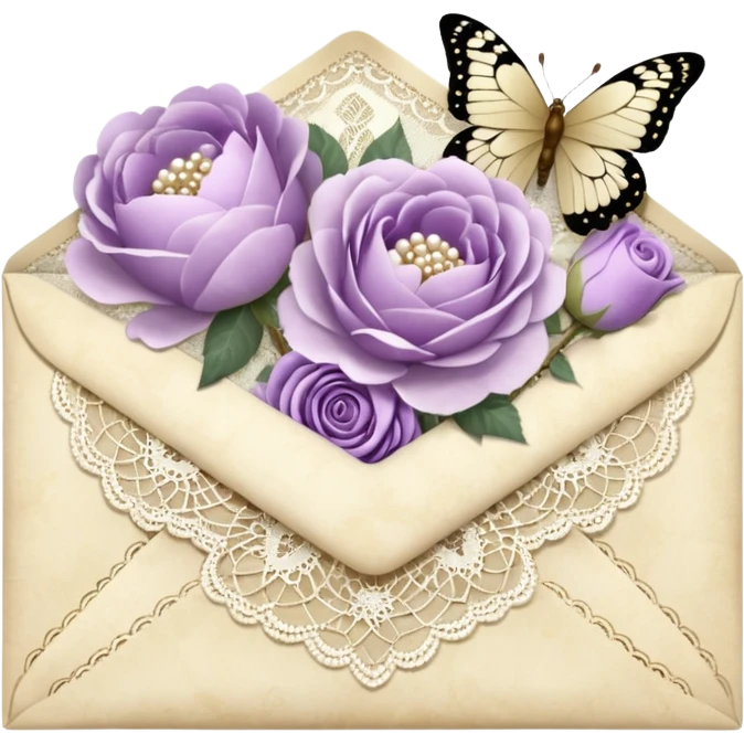 A delicate still life of an aged love letter sealed with golden wax, placed on a vintage lace doily, accompanied by a bouquet of pale purle roses and white peonies, with a shimmering pearl butterfly resting on the envelope. emoji
