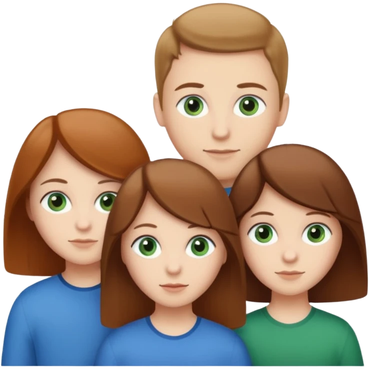 3 white siblings. Sibling 1 - Oldest sibling, white female, with brown hair and green eyes. Sibling 2 - Middle sibling, white male, with brown hair and brown eyes. Sibling 3 - Youngest sibling, white female, with brown hair and Blue eyes. emoji