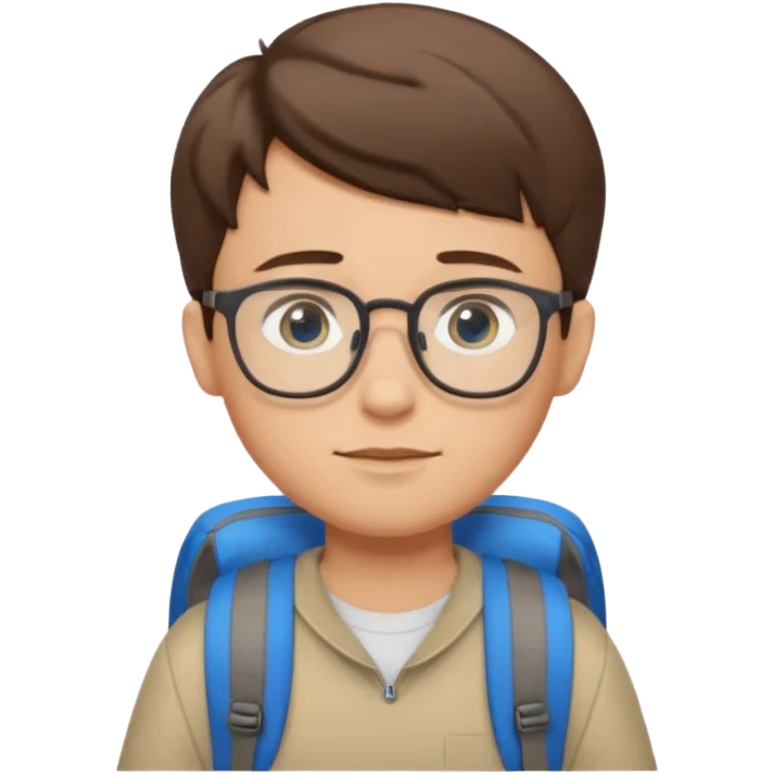 a boy with short brown hair and blue eyes, glasses, backpack emoji