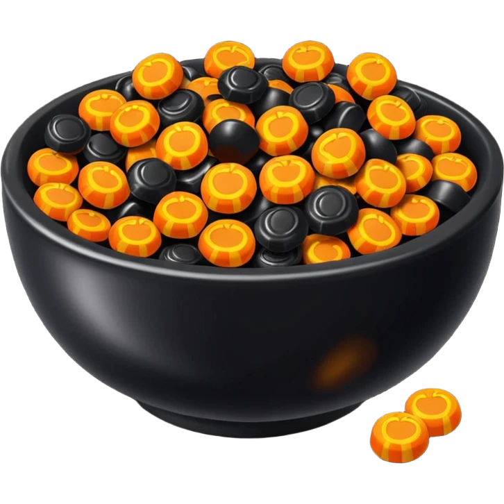 Black bowl filled with orange and black small halloween candies emoji