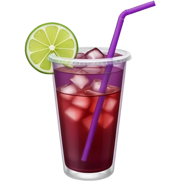maroon purple cocktail with a lime wedge in the drink in a plastic cup with lid and straw - no lime on edge

 emoji