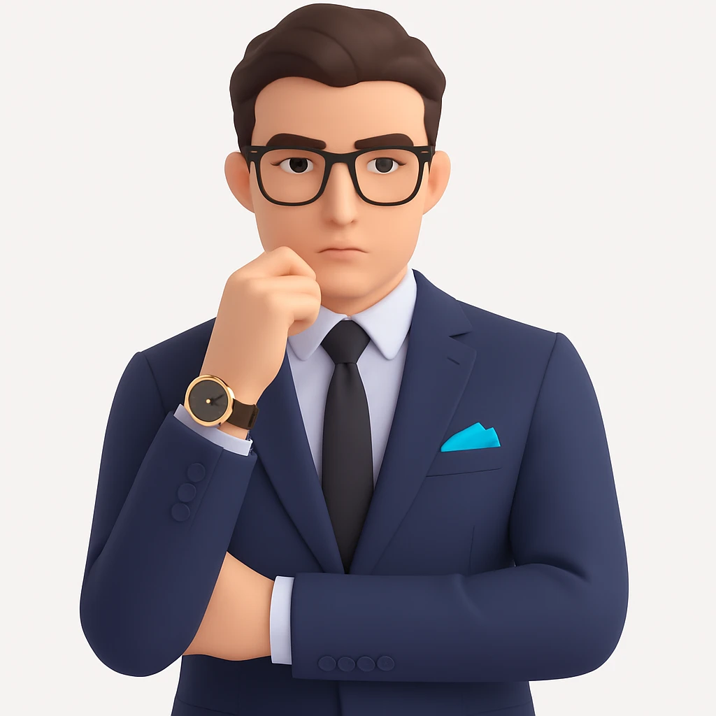 Add stylish glasses to the thoughtful businessman, keeping the luxury watch visible and the expression contemplative and curious, with a clean background. Maintain a clean background and focus on the glasses and expression enhancement. emoji