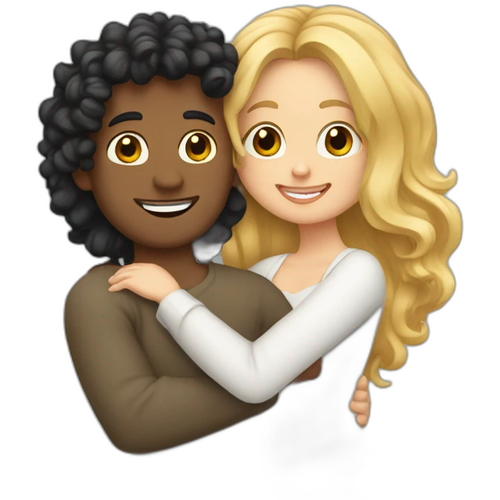 Curvy woman with long blond hair hugging a man with medium long black curly hair emoji