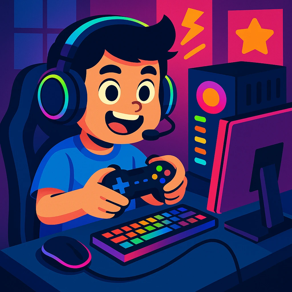 Add headphones and LED lights to the young boy with a gaming setup in a vibrant and playful style. emoji