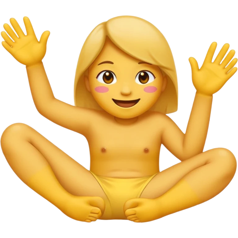 regular yellow emoji blushing with a slight smile eith hands on face eith no body just feet the head and the hands. hands on face on the bottom sides with feet in the back while blushing emoji
