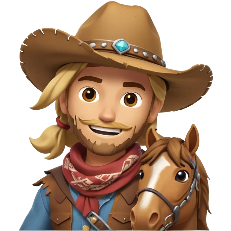 clash-of-clans-aesthetic_-cinematic-playful-cowboy-portrait-emoji, head-tilted with a roguish, cheeky grin and twinkling eyes, featuring a rugged, spirited build with a wide-brimmed cowboy hat and a weathered bandana on tan skin, riding a powerful galloping horse with dynamic flowing mane, reins gripped firmly in one hand and a lasso in the other, as dust swirls behind them in a vast desert landscape. emoji