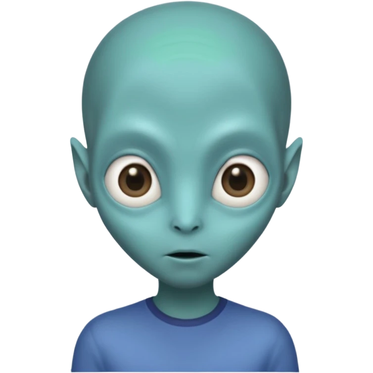 Portrait of an alien with smooth greenish-blue skin, large black oval eyes, small nose, and no visible ears, elongated head, front-facing, wearing brown t-shirt, soft glow, simple futuristic design emoji