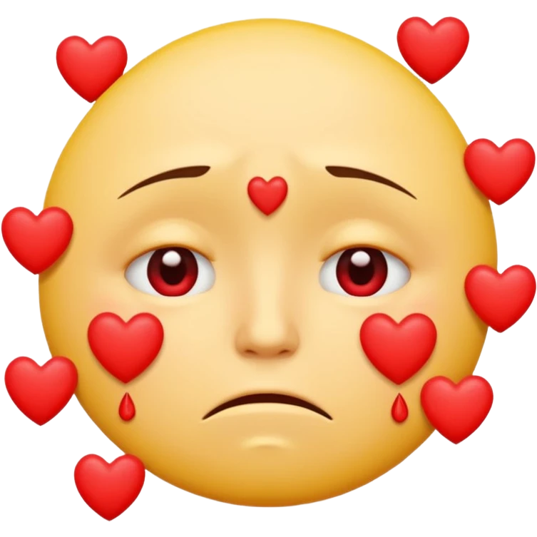 A yellow circular frowning face that is crying tears from its eyes, with a dozen hearts floating from top to bottom in front of it emoji