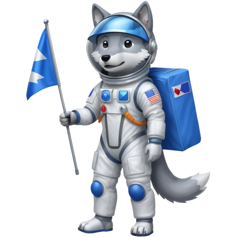a wolf in space suit, holding blue rectangle flag, full body emoji