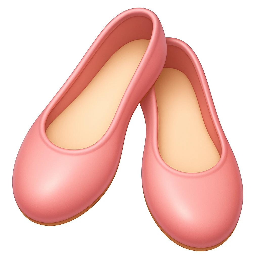 Create a ballerina shoes emoji in iOS emoji style, just like the reference image. Remove the bow at the top, keep the pink color, shiny and smooth look. Add a slight blush to the shoes. emoji