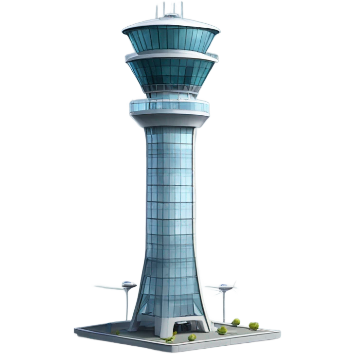 An air traffic control tower stands tall, its sleek, high-tech design featuring glass panels that reflect. emoji