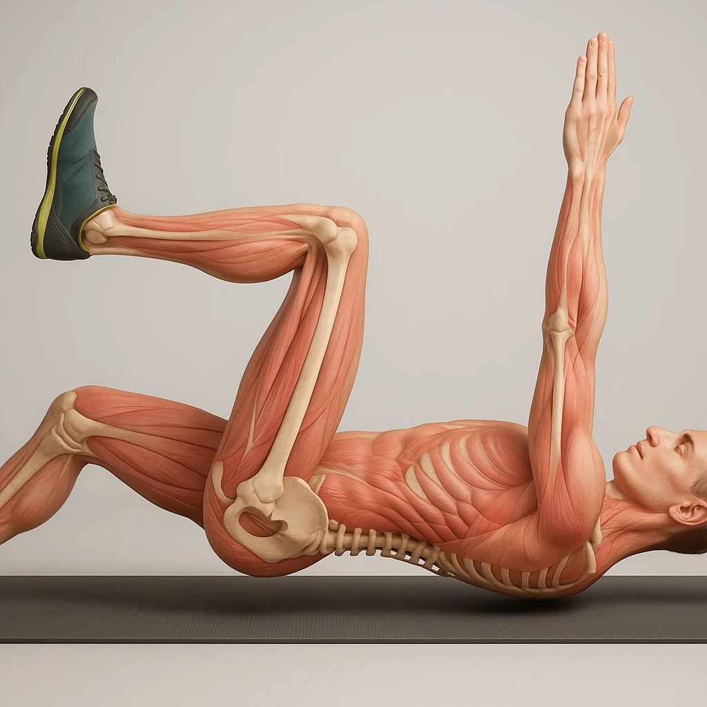 Anatomically hyperrealistic 4K side view of a man in dead bug position with the arm on the ground fully extended above the head, straight, showing pelvis and spine bones, translucent muscles and skin, medical atmosphere, realistic anatomical details. Variant 5, slightly change the position of the torso. emoji