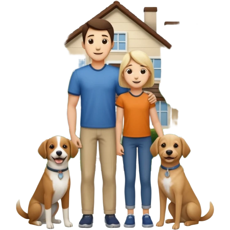 1 Father 1 Mother and 1 young BOY who is half as tall as the parents, standing in front of their house with a dog next to them. Everyone should look VERY happy. There MUST be a house behind them with trees and plants emoji