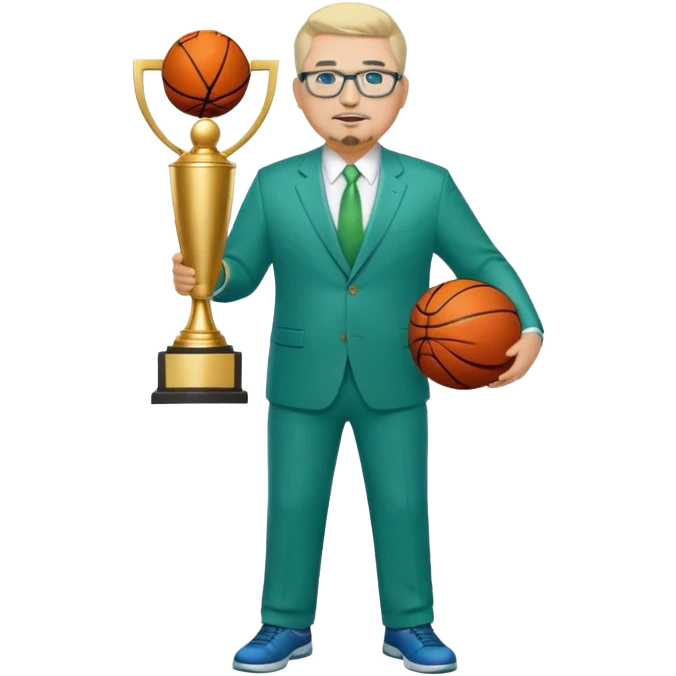 Full Body white fat male  wearing glasses with a goatee with light blonde gray very short hair basketball head Coach in blue and green suit holding trophy emoji