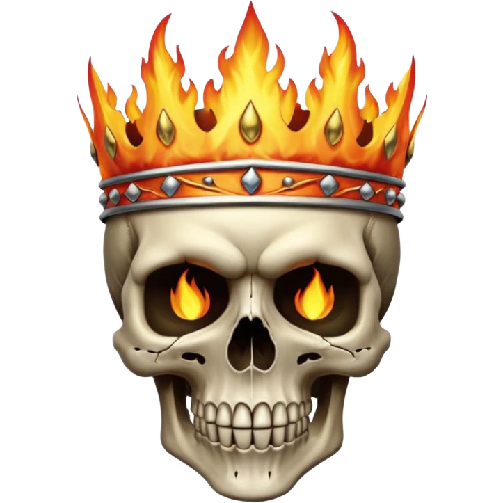 A detailed skull crowned by realistic flames, gothic metal aesthetic, high contrast, soft neutral background, subtle shadow, emoji-style icon, clean edges, digital illustration. emoji